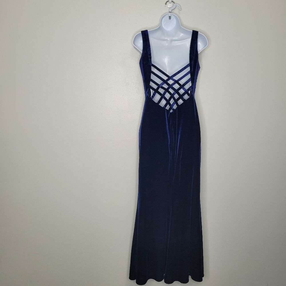 Y2k navy blue elegant velvet cross strap back slit deep v prom special occasion - Picture 2 of 6
